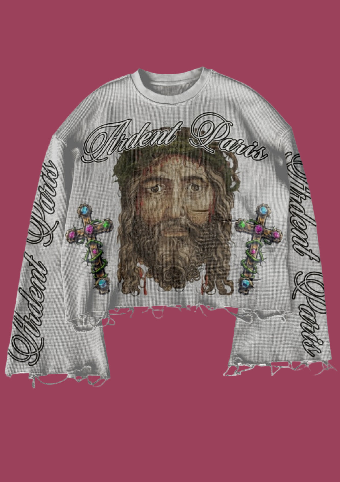 Gray sweatshirt with a graphic design of a face and floral crosses, featuring the brand 'Off-White'.